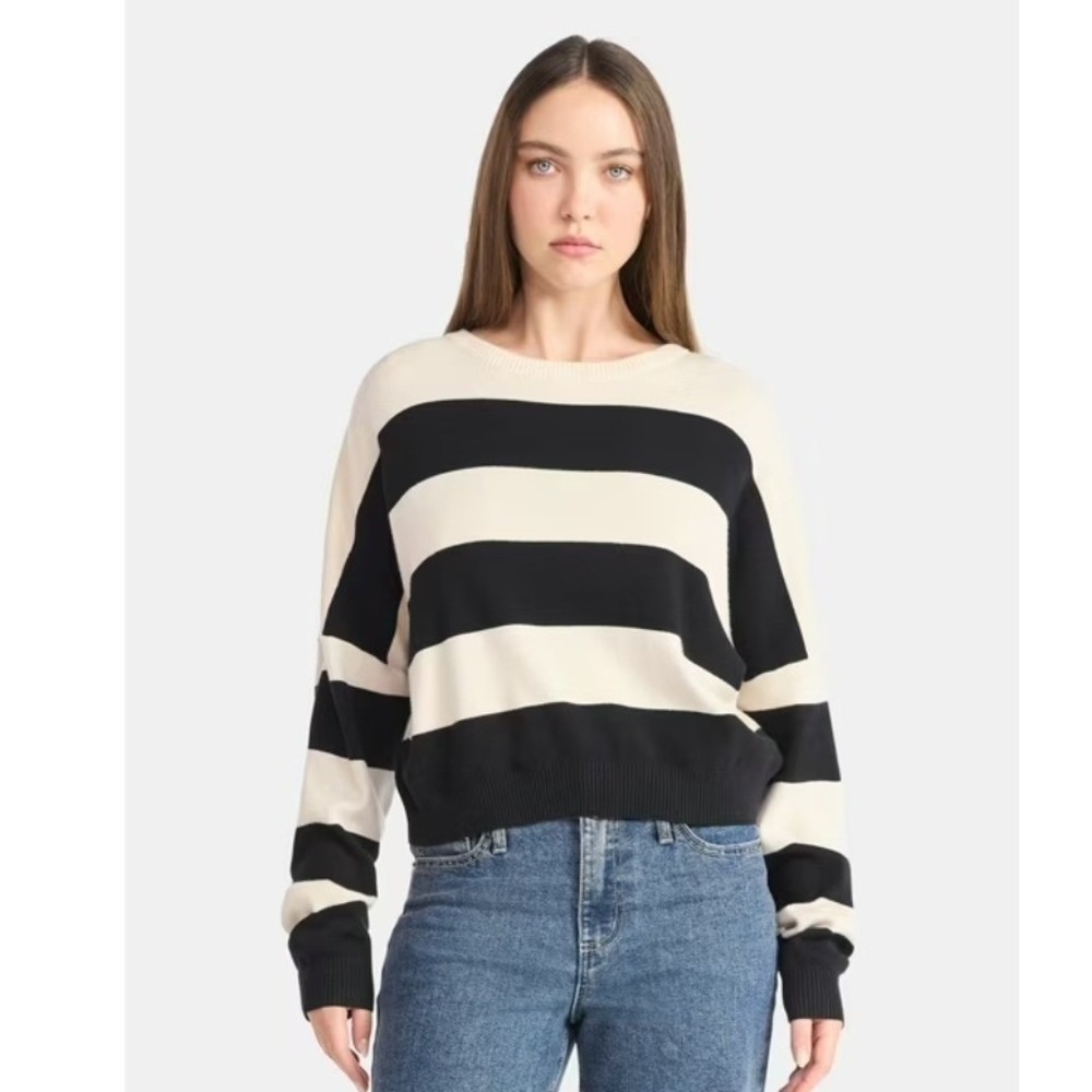 Striped Crew Neck Long Sleeve Cropped Sweater Top Black Cream Casual Womens XL